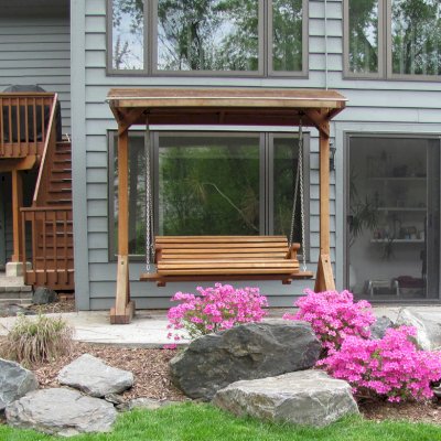 Bench Swing Sets (Options: Large Bench, Swing Roof, Mature Redwood, Ensenada Style Seat, No Engraving, Transparent Premium Sealant). Photo Courtesy of Sandra Reinert of Downers Grove, IL.