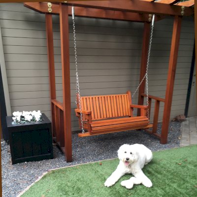 Custom Bench Swing Sets (Options: Standard Bench, Custom Swing Roof, California Redwood, Classic Style Seat, No Engraving, Transparent Premium Sealant). Photo Courtesy of Susan H. of Palo Alto, CA.