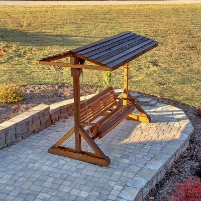 Bench Swing Set (Options: XXL Large Bench, Include Swing Roof, California Redwood, Ensenada Style Seat, No Engraving, Transparent Premium Sealant). Photo Courtesy of S. England of Simpsonville, South Carolina.