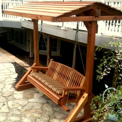 Bench Swing Sets (Options: Large Bench, Include Swing Roof, Old-Growth Redwood, Kentucky Style Seat, No Engraving, [Custom Seat Cushion with Sunbrella Brand fabric], Transparent Premium Sealant).