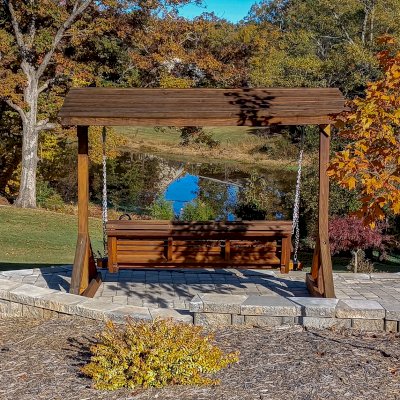 Bench Swing Set (Options: XXL Large Bench, Include Swing Roof, California Redwood, Ensenada Style Seat, No Engraving, Transparent Premium Sealant). Photo Courtesy of S. England of Simpsonville, South Carolina.