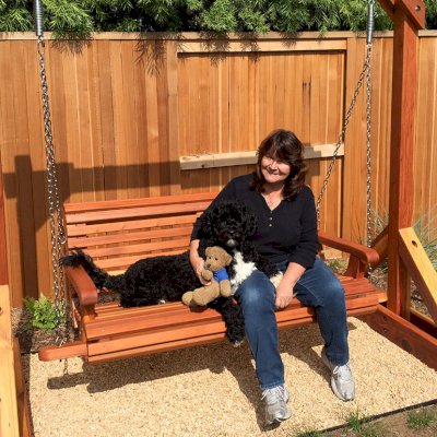 Bench Swing Sets (Options: Large Bench, No Swing Roof, California Redwood, Ensenada Style Seat, No Engraving, Transparent Premium Sealant).  Photo Courtesy of Mr. Stephen Carlson of Playa Del Rey, CA. The models are Donna Carlson and her portaguise water dog Scupper