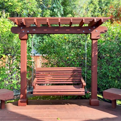 Bench Swings (Seats Only) (Options: Large Garden Bench, Old-Growth Redwood, Ensenada Style Seat, No Engraving, All Beam Hanging Hardware, Unfinished). Photo Courtesy of L. Rastogi of Cupertino, CA.