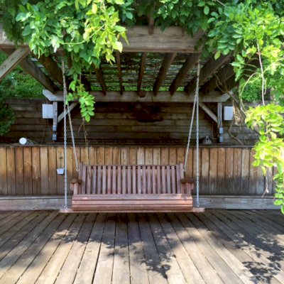 Bench Swings (Seats Only) (Options: Large Garden Bench, California Redwood, Classic Seat Design, No Engraving, All Beam Hanging Hardware, Unfinished). Photo Courtesy of D. Lynch of Cary, NC.