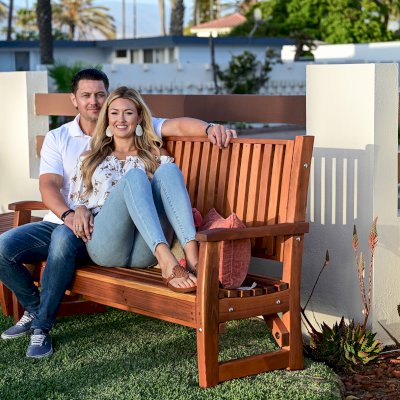 Bonsignour Handcrafted Wood Bench (Options: 5 ft, California Redwood, No Cushion, No Engraving, Transparent Premium Sealant). Photo Also Shows a Brian's Side Table.