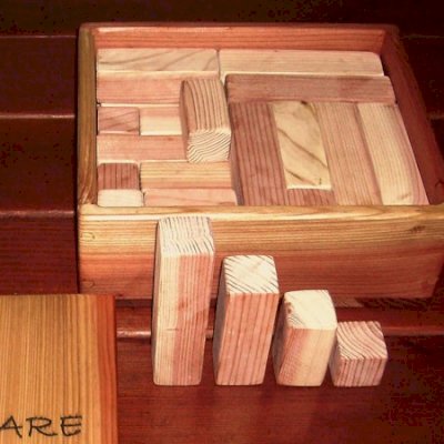 36-Piece Building Blocks - Blocks in Unfinished Redwood, Mature Redwood, and Old-Growth RedwoodBlock Box is Redwood and Mature Redwood Unfinished.