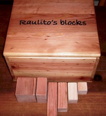 82-Piece Building Blocks - Finish Box Lid is California Redwood with Wax Finish - Blocks in Unfinished Redwood, Mature Redwood, and Old-Growth Redwood. Block Box is Redwood and Mature Redwood Unfinished.