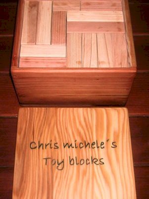 72-Piece Building Blocks - Blocks in Unfinished California Redwood, Mature Redwood, and Old-Growth Redwood Block Box is Mature Redwood with Wax Finish Box Lid is Redwood with Wax Finish