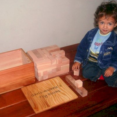 72-Piece Building Blocks - Blocks in Unfinished California Redwood, Mature Redwood, and Old-Growth Redwood Block Box is Mature Redwood Unfinished.