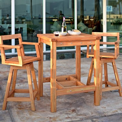 Captain's Redwood Bar Stools (Options: Douglas-fir, Swivel Seat, 28" H, No Cushion, Transparent Premium Sealant) with a Square Terrace Table.
