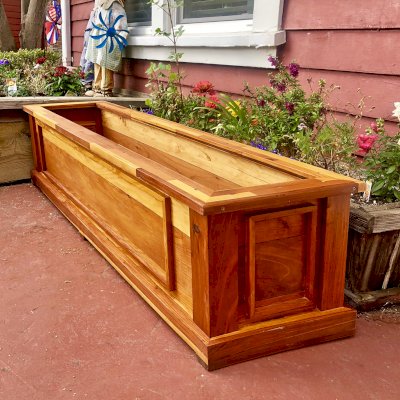 Carmel Box Planters (Options: 60" L, 15" W, 15" H, Mosaic Reclaim Wood, Standard  3/4" Base, No Steel Hangers, No fit over railings, Interior and Exterior of Box with Sealant (No Growing Vegetables), Transparent Premium Sealant). Photo courtesy of M. Gaston of Menlo Park, CA.