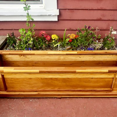 Carmel Box Planters (Options: 60" L, 15" W, 15" H, Mosaic Reclaim Wood, Standard  3/4" Base, No Steel Hangers, No fit over railings, Interior and Exterior of Box with Sealant (No Growing Vegetables), Transparent Premium Sealant). Photo courtesy of M. Gaston of Menlo Park, CA.