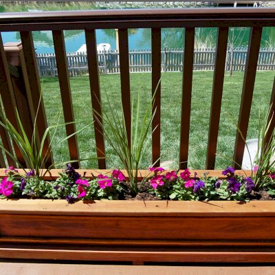 Carmel Box Planters (Options: 60" L, 10.5" W, 10.5" H, California Redwood, 3/4" Base, No Steel Hangers, No fit over railings, Interior and Exterior of Box with Sealant (No Growing Vegetables), [custom sealant] Teak Stain Premium Sealant ). Photo Courtesy of Donn Denicke of Stansbury Park, Utah
