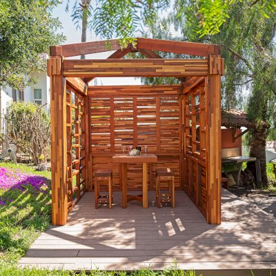 Catalina Island Pergola (Options: 8' x 8', Mosaic Redwood, 8' Post Height, Transparent Premium Sealant). Photo Also Shows a Glady's Balcony Table Set.