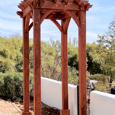 The Montvale Pergola (Options: 4' x 6', Douglas-fir, Electrical Wiring Trim for 1 Post, Rafters at 16", 4-Post Anchor Kit for High-Wind, No Ceiling Fan Base, No Privacy Panels, 10' Post, Transparent Premium Sealant). Photo courtesy of M. Simpson of Tucson, Arizona.