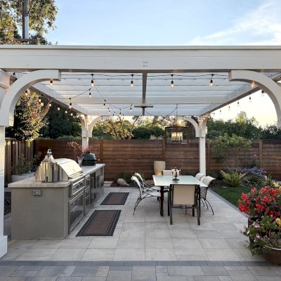 Custom Cherry Hill Outdoor Pergola Kit (Options: 20' L x 15' W, No Overhang by Custom Request, No Privacy Panel, Douglas-Fir, 9.5 ft Heigth, Electrical Wiring Trim for All Posts, Post Anchor Kit for High-Wind, Horizontal Post Decorative Trims, 1 Ceiling Fan Base, No Curtain Rods, Off-White Oil-Based Primer). Photo Courtesy of K. Kramer of East Palo Alto, CA.