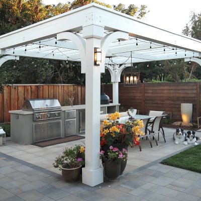 Custom Cherry Hill Outdoor Pergola Kit (Options: 20' L x 15' W, No Overhang by Custom Request, No Privacy Panel, Douglas-Fir, 9.5 ft Heigth, Electrical Wiring Trim for All Posts, Post Anchor Kit for High-Wind, Horizontal Post Decorative Trims, 1 Ceiling Fan Base, No Curtain Rods, Off-White Oil-Based Primer). Photo Courtesy of K. Kramer of East Palo Alto, CA.