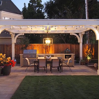 Custom Cherry Hill Outdoor Pergola Kit (Options: 20' L x 15' W, No Overhang by Custom Request, No Privacy Panel, Douglas-Fir, 9.5 ft Heigth, Electrical Wiring Trim for All Posts, Post Anchor Kit for High-Wind, Horizontal Post Decorative Trims, 1 Ceiling Fan Base, No Curtain Rods, Off-White Oil-Based Primer). Photo Courtesy of K. Kramer of East Palo Alto, CA.