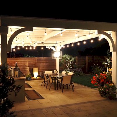 Custom Cherry Hill Outdoor Pergola Kit (Options: 20' L x 15' W, No Overhang by Custom Request, No Privacy Panel, Douglas-Fir, 9.5 ft Heigth, Electrical Wiring Trim for All Posts, Post Anchor Kit for High-Wind, Horizontal Post Decorative Trims, 1 Ceiling Fan Base, No Curtain Rods, Off-White Oil-Based Primer). Photo Courtesy of K. Kramer of East Palo Alto, CA.