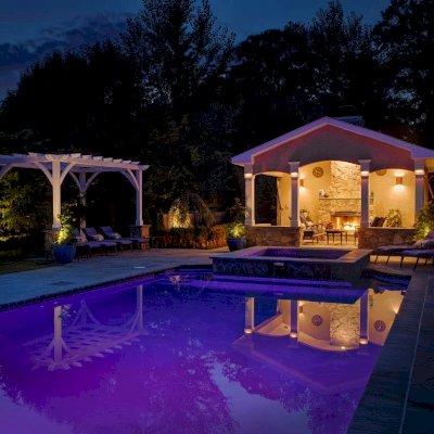 Cherry Hill Outdoor Pergola Kit(Options: 16' x 10', California Redwood, No Electrical Wiring Trim, 4-Post Anchor Kit for Stone, Brick or Concrete, No Ceiling Fan Base, No Curtain Rods, No Privacy Panels, 9' Post Height, Off-White Oil-Based). Photo Courtesy of Rich Wulwick of Cherry Hill, New Jersey.