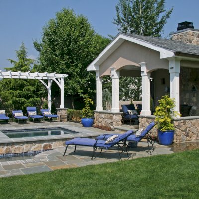 Cherry Hill Outdoor Pergola Kit(Options: 16' x 10', California Redwood, No Electrical Wiring Trim, 4-Post Anchor Kit for Stone, Brick or Concrete, No Ceiling Fan Base, No Curtain Rods, No Privacy Panels, 9' Post Height, Off-White Oil-Based). Photo Courtesy of Rich Wulwick of Cherry Hill, New Jersey.
