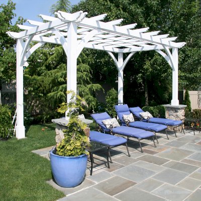 Cherry Hill Outdoor Pergola Kit(Options: 16' x 10', California Redwood, No Electrical Wiring Trim, 4-Post Anchor Kit for Stone, Brick or Concrete, No Ceiling Fan Base, No Curtain Rods, No Privacy Panels, 9' Post Height, Off-White Oil-Based). Photo Courtesy of Rich Wulwick of Cherry Hill, New Jersey.