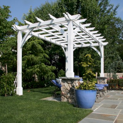 Cherry Hill Outdoor Pergola Kit(Options: 16' x 10', California Redwood, No Electrical Wiring Trim, 4-Post Anchor Kit for Stone, Brick or Concrete, No Ceiling Fan Base, No Curtain Rods, No Privacy Panels, 9' Post Height, Off-White Oil-Based). Photo Courtesy of Rich Wulwick of Cherry Hill, New Jersey.