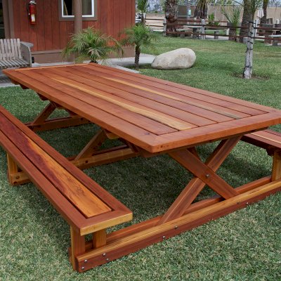 Chris's Picnic Table (Attached Benches) (Options: 10' L x 46" W, California Redwood, Standard Tabletop, Rounded Corners, No Umbrella Hole, Transparent Premium Sealant).