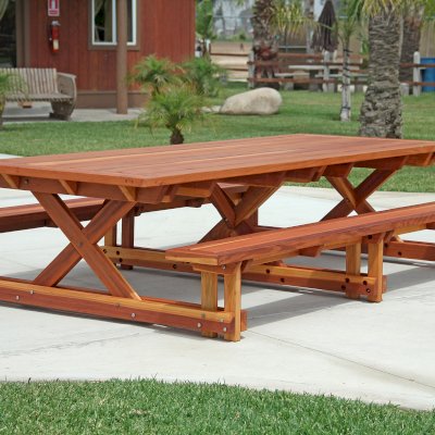 Chris's Picnic Table (Attached Benches) (Options: 10' L x 46" W, California Redwood, Standard Tabletop, Rounded Corners, No Umbrella Hole, Transparent Premium Sealant).
