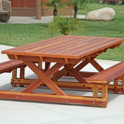 Chris's Picnic Table (Attached Benches) (Options: 10' L x 46" W, California Redwood, Standard Tabletop, Rounded Corners, No Umbrella Hole, Transparent Premium Sealant).
