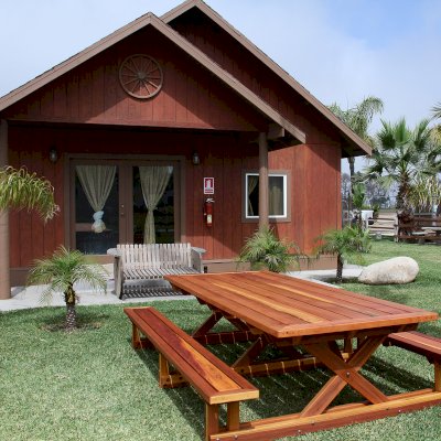 Chris's Picnic Table (Attached Benches) (Options: 10' L x 46" W, California Redwood, Standard Tabletop, Rounded Corners, No Umbrella Hole, Transparent Premium Sealant).