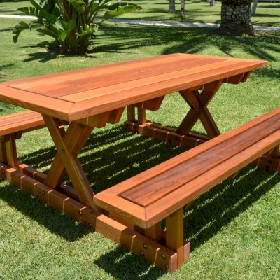 Chris's Picnic Table (Attached Benches) (Options: 6' L x 34" W, California Redwood, Standard Tabletop, Rounded Corners, Umbrella Hole, Transparent Premium Sealant).