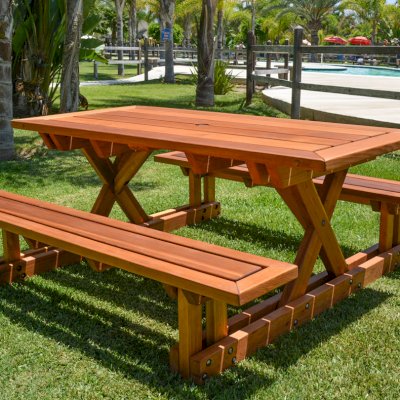 Chris's Picnic Table (Attached Benches) (Options: 6' L x 34" W, California Redwood, Standard Tabletop, Rounded Corners, Umbrella Hole, Transparent Premium Sealant).
