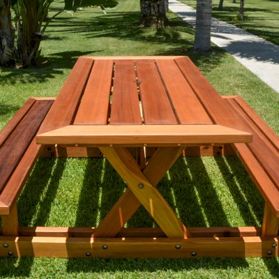 Chris's Picnic Table (Attached Benches) (Options: 6' L x 34" W, California Redwood, Standard Tabletop, Rounded Corners, Umbrella Hole, Transparent Premium Sealant).