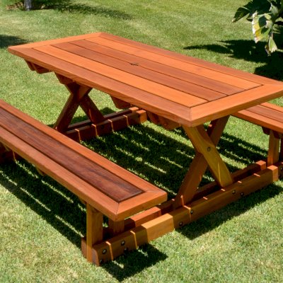 Chris's Picnic Table (Attached Benches) (Options: 6' L x 34" W, California Redwood, Standard Tabletop, Rounded Corners, Umbrella Hole, Transparent Premium Sealant).