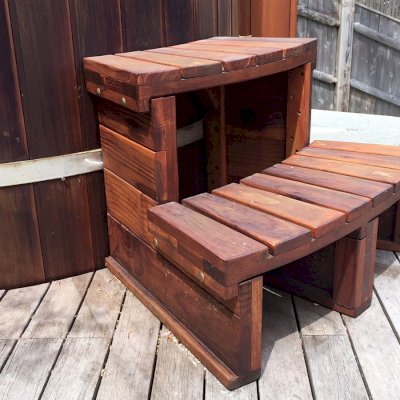 Circular Wooden Spa Step (Options: Angle to Fit Snugly for 6' Tub, California Redwood, No Engraving, Transparent Premium Sealant). Photo Courtesy of Brian L. of Provincetown, Massachusetts.