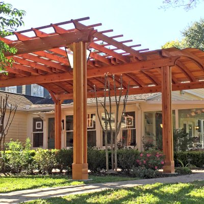 Custom Fat Timber Wood Pavilion Kits (Options: 24' L x 16' Arc W [Garden Pergola is 10' L x 15' W], California Redwood, 2 Post Electrical Wiring Trim, 6-Post Anchor Kit for High-Wind, With 2 Ceiling Fan Bases, No Privacy Panels, No Curtain Rods, 10 ft Post Height, Transparent Premium Sealant). Photo Courtesy of Jeff A. of San Ramon, CA.