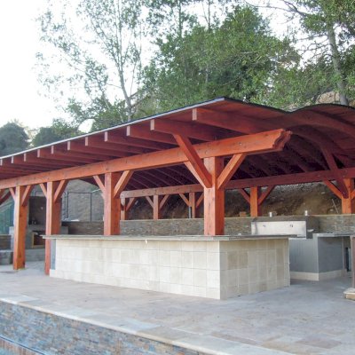 Custom Fat Timber Wood Pavilion Kits (Options: 29' x 43' Custom Size, Mature Redwood, No Electrical Wiring Trim, No Anchor Kit, Transparent Premium Sealant). Photo Courtesy of Michael Dougherty of CA.