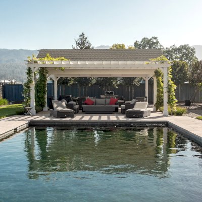Custom Wood Pavilion Kits (Options: 28' L x 20' W, California Redwood, No Electrical Wiring Trim Kit, Posts Anchor Kit for High-Wind, Custom White Paint) with a Garden Pergola Attached. Photo Courtesy of M. Hansen of St. Helena, California.