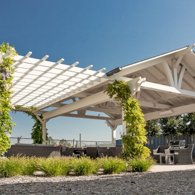 Custom Wood Pavilion Kits (Options: 28' L x 20' W, California Redwood, No Electrical Wiring Trim Kit, Posts Anchor Kit for High-Wind, Custom White Paint) with a Garden Pergola Attached. Photo Courtesy of M. Hansen of St. Helena, California.