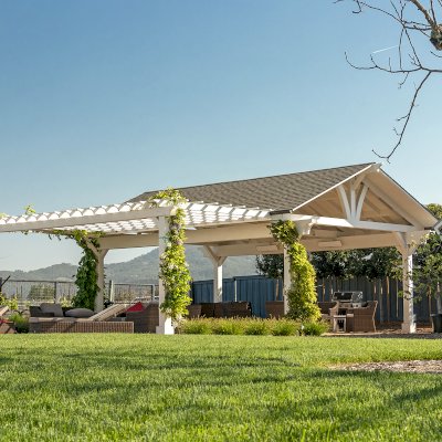 Custom Wood Pavilion Kits (Options: 28' L x 20' W, California Redwood, No Electrical Wiring Trim Kit, Posts Anchor Kit for High-Wind, Custom White Paint) with a Garden Pergola Attached. Photo Courtesy of M. Hansen of St. Helena, California.