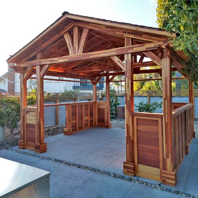 Custom Wood Pavilion Kits (Options: 16' x 16', Mosaic Redwood, with Custom Privacy Panels and Extra Posts, Transparent Premium Sealant).