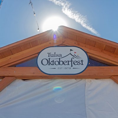 Custom Wood Pavilion Kit (Options: 30 ft L x 10 ft W, Douglas-fir, Transparent Premium Sealant). Polycarbonate enclosure added by custom request. Photo Courtesy of Tulsa, Oklahoma Oktoberfest Team.