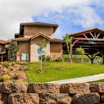 Custom Fat Timber Wood Pavilion Kits (Options: 51' x 47', California Redwood,  9-Post Anchor Kit for High-Wind, Extra Large Timbers and Tile Roof by Custom Request, Custom Light Brown Stain with Urethane). Photo Courtesy of Brent Roles of Gilroy, CA.