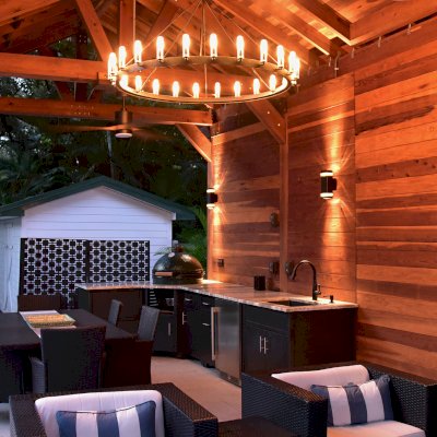 Custom Wood Pavilion Kit (Options: 30' x 15', California Redwood, Electrical Wiring Trim Kit for 2 Posts, Post Anchor Kit for High-Wind, with 2 Fan Bases, 10' H Posts, Transparent Premium Sealant, with a Back Solid Wall and Custom Dormer by Custom Request). Photo Courtesy of M. Favret of Tampa, Florida.