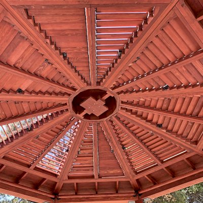 Custom Wood Pavilion Kits (Options: 20' Diameter, Mature Redwood, with a Ceiling Fan Base, with Louvers and Rain Guard, Post Anchor Kit for High-Wind, Transparent Premium Sealant).