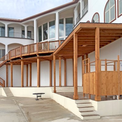 Custom Wood Pavilion Kit with Stairs, Deck with Railings and Privacy Panels (Options: Douglas-fir & California Redwood, Transparent Premium Sealant).