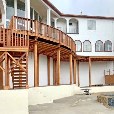 Custom Wood Pavilion Kit with Stairs, Deck with Railings and Privacy Panels (Options: Douglas-fir & California Redwood, Transparent Premium Sealant).