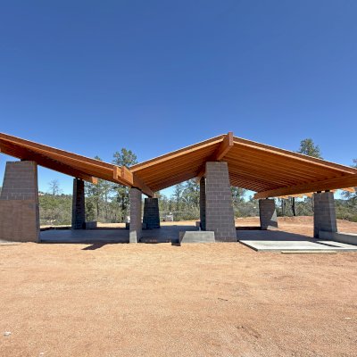 Custom Wood Pavilion Kits (Options: 63.5' x 45', Douglas-fir, 7 1/4'' x 22 1/2'' Built-Up Beams [Supports], 2 x 10 Beams, 3:12 Slope, Transparent Premium Sealant). Photo Courtesy of K. Evans of Payson, Arizona.