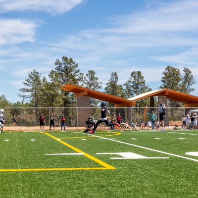 Custom Wood Pavilion Kits (Options: 63.5' x 45', Douglas-fir, 7 1/4'' x 22 1/2'' Built-Up Beams [Supports], 2 x 10 Beams, 3:12 Slope, Transparent Premium Sealant). Photo Courtesy of K. Evans of Payson, Arizona.